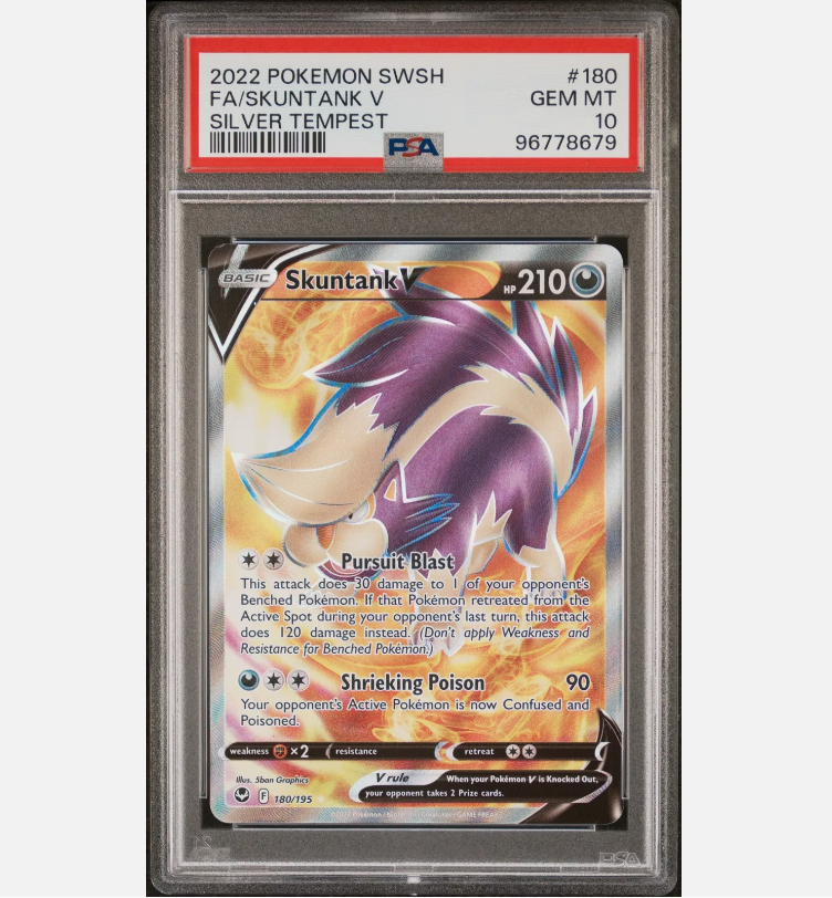 POKEMON: SWORD & SHIELD SILVER TEMPEST #180 FULL ART/SKUNTANK V PSA 10 LEGENDARY LOOT POKEMON: SWORD & SHIELD SILVER TEMPEST #180 FULL ART/SKUNTANK V PSA 10 LEGENDARY LOOT